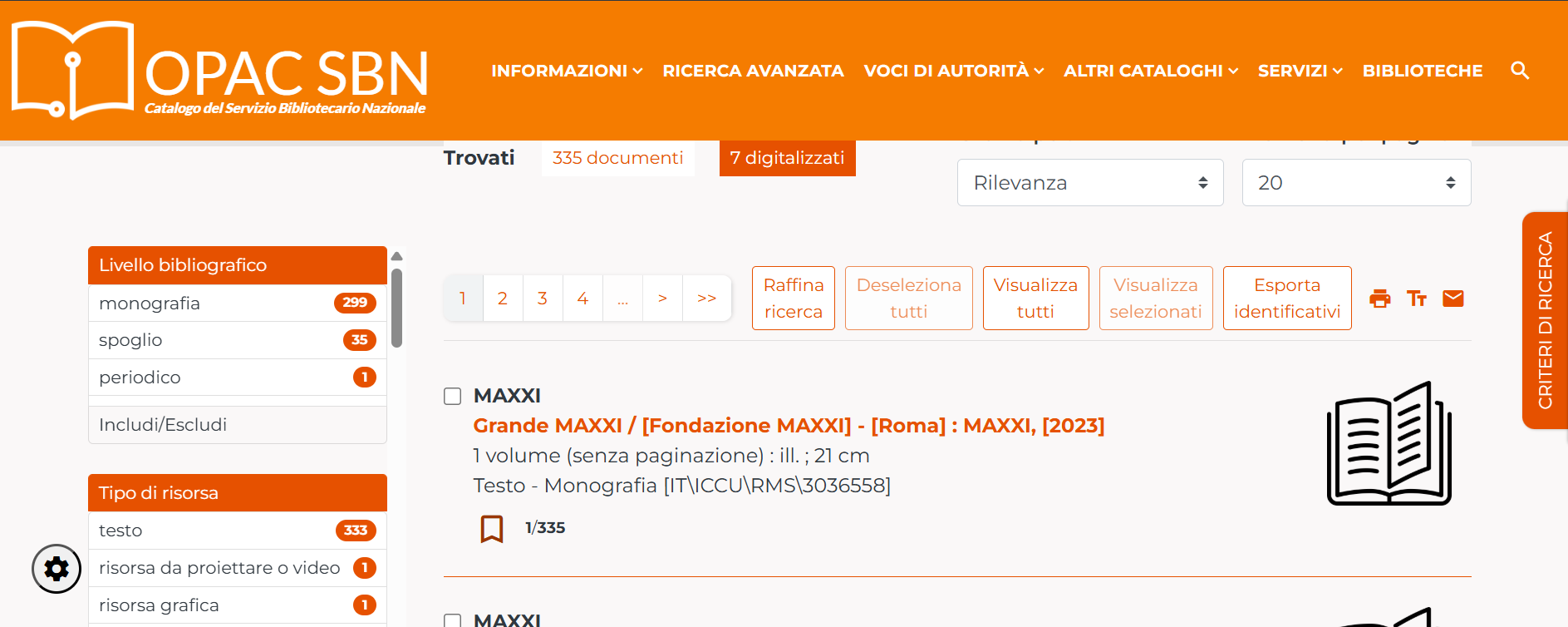 Schermata del catalogo di SBN con i risultati di una ricerca e, a lato, i filtri